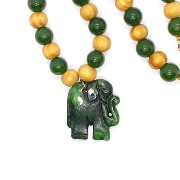Handmade Beaded Wood & Green Elephant Necklace - Picture 4 of 8